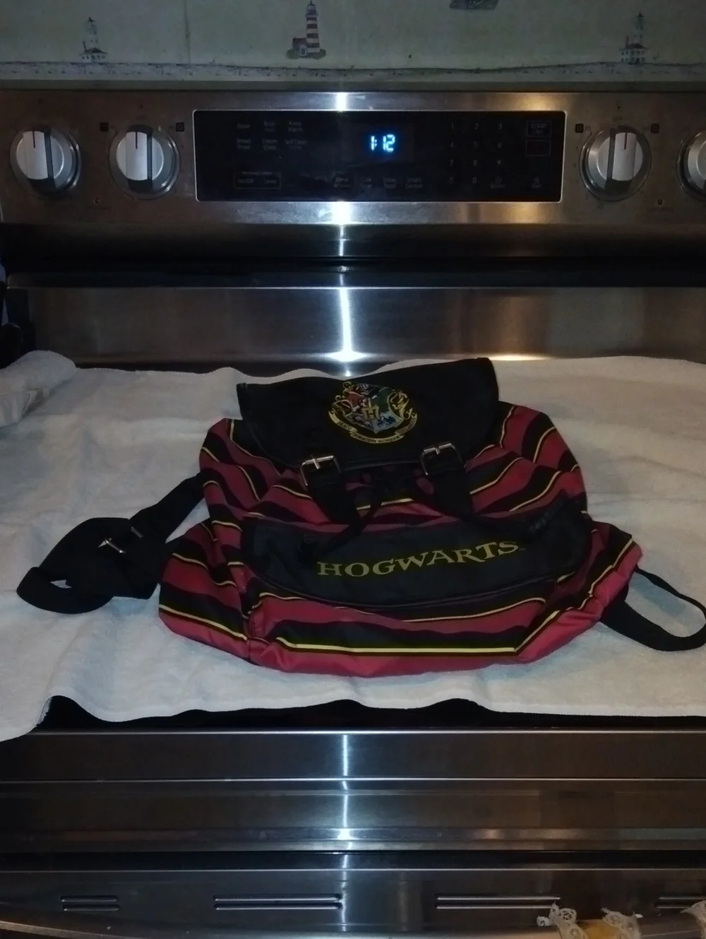 Hogwarts Burgundy Striped Backpack with Crest - School Bookbag